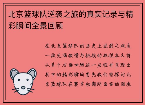 北京篮球队逆袭之旅的真实记录与精彩瞬间全景回顾