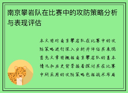 南京攀岩队在比赛中的攻防策略分析与表现评估